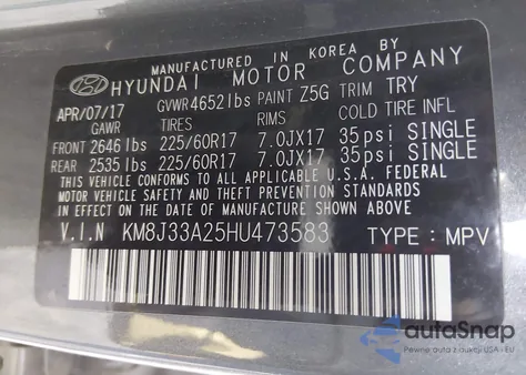 2017 Hyundai Tucson Eco z USA, uszkodzony, nr VIN KM8J33A25HU473583